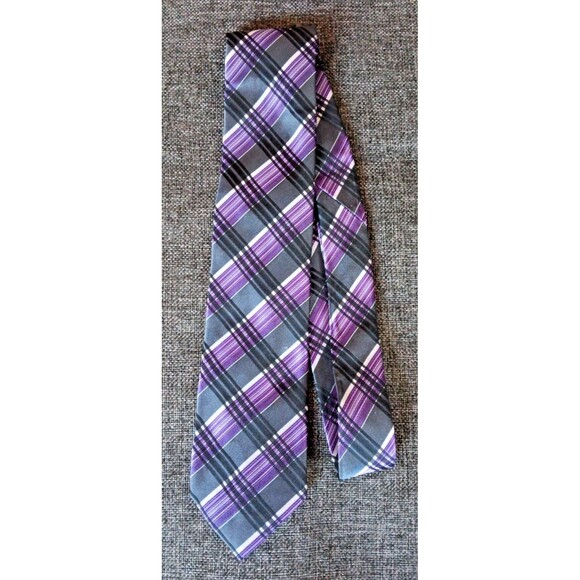 Tie 70s 80s 90s Y2K Mens Geoffrey Beane Silk Gray Purple Plaid 3.5 Wide 58 Long - Picture 1 of 6